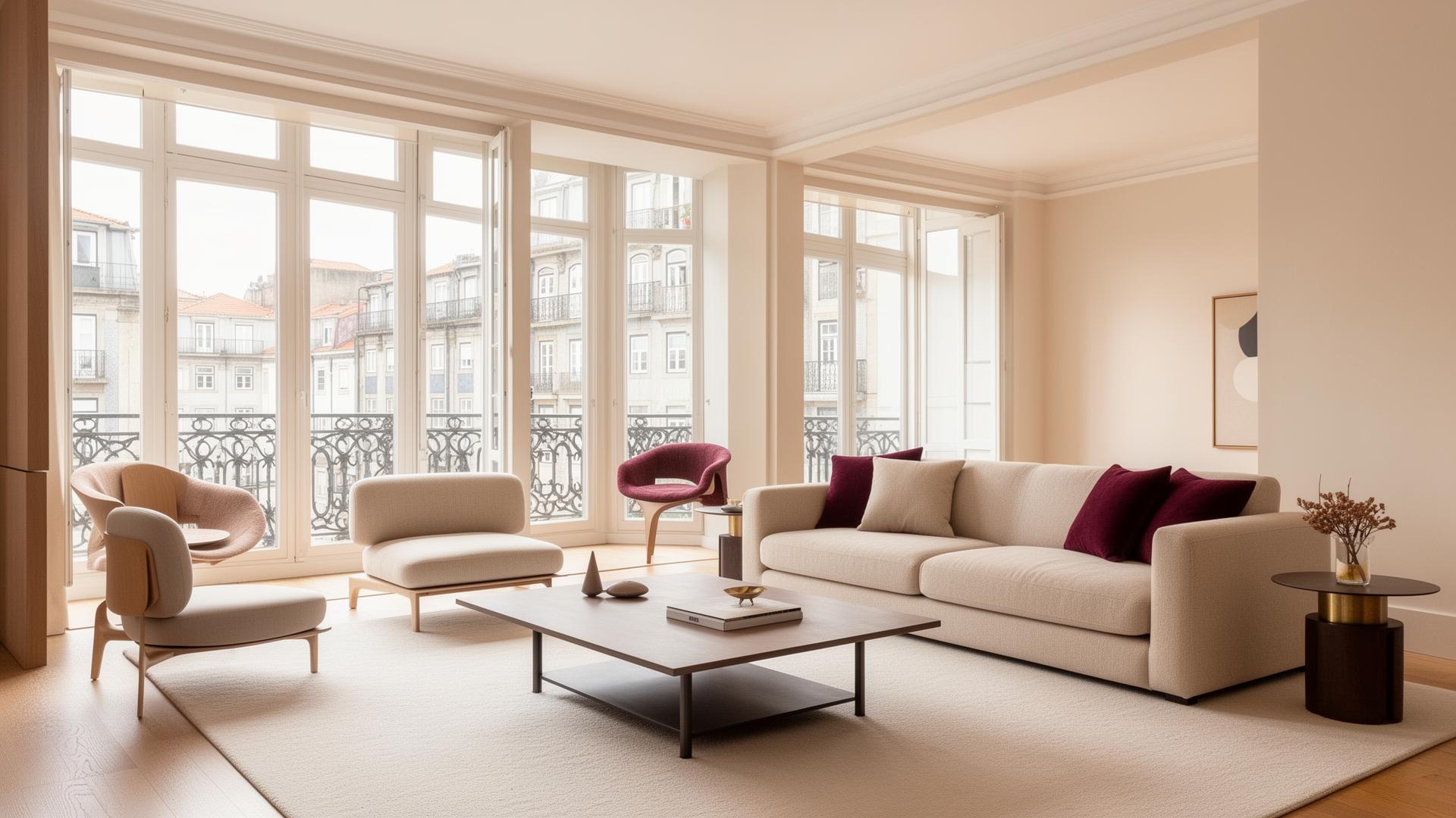 Sala de estar elegante de um apartamento renovado no Porto