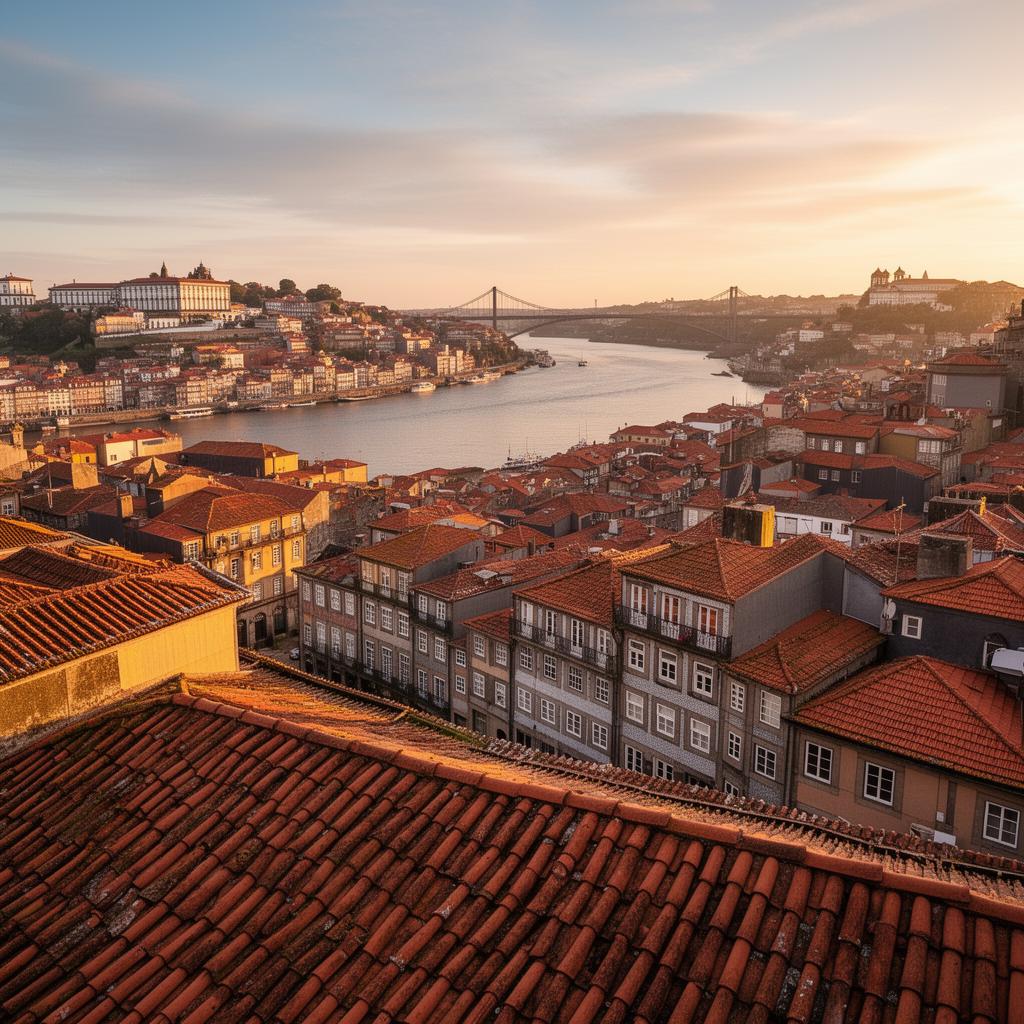 Vista dos telhados do Porto sobre o rio Douro ao pôr do sol